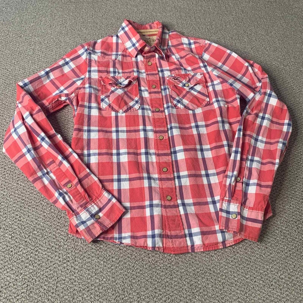 Hollister Shirt Mens M Pink Plaid Long Sleeves Pearl Snap Front Western Cowboy